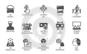 15 icons in flat style of augmented reality digital AR technology. Futuristic technology concept. Vector labels isolated