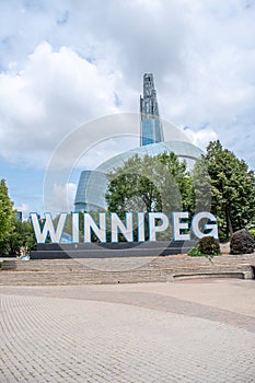 15 July 2023 - Winnipeg Manitoba Canada - Downtown Winnipeg city skyline view