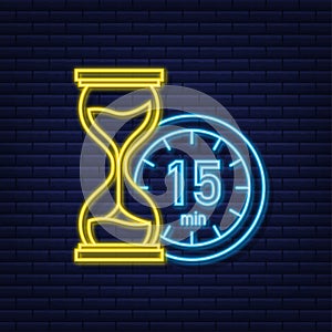 The 15 minutes, stopwatch vector neon icon. Stopwatch icon in flat style, timer on on color background. Vector