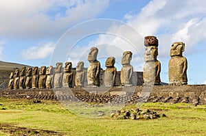 The 15 moai statues in Ahu Tongariki, Easter Island, Chile