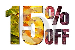 15% off discount promotion sale poster, ads. Autumn sale banner with green, yellow and red leaves on white background.