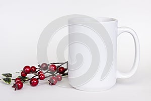 15 oz white ceramic mug mockup, white photo with minimalistic decor