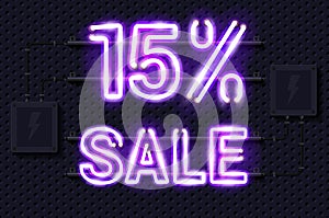 15 percent SALE glowing purple neon lamp sign on a black electric wall