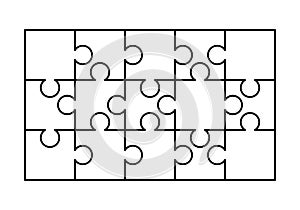 15 white puzzles pieces arranged in a rectangle shape. Jigsaw Puzzle template ready for print. Cutting guidelines on