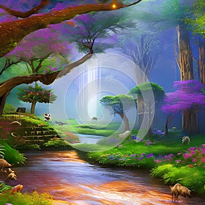 1519 Mystical Fantasy Land: A mystical and enchanting background featuring a fantasy land with magical creatures, enchanted fore