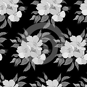 1520 blooming, Seamless pattern with flowers and leaves in monochrome colors, ornament for wallpaper