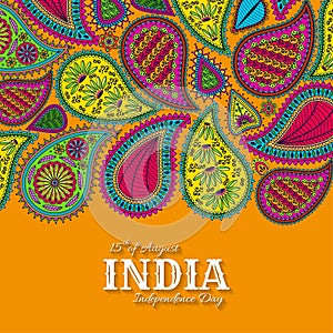 15th of August India Independence Day. Greeting card with paisley ornament