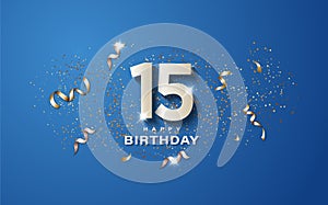 15th birthday with white numbers on a blue background.