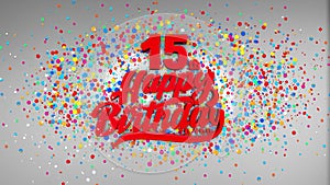 15th Happy Birthday Typography Open Surprise gift box present Open Falling confetti background.