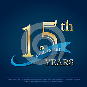 15th years anniversary celebration emblem. elegance golden anniversary logo with blue ribbon on dark blue background, vector