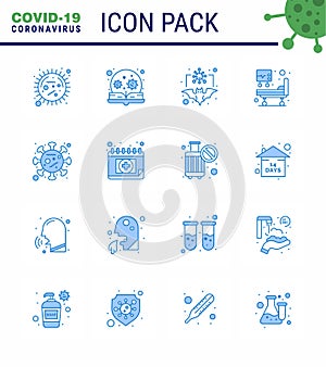 16 Blue Coronavirus Covid19 Icon pack such as medical treatment, hospital bed, search, virus, coronavirus