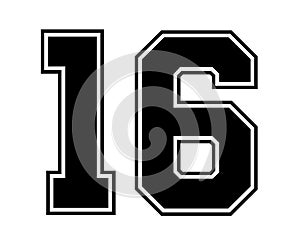 16 Classic Vintage Sport Jersey Number in black number on white background for american football, baseball or basketball