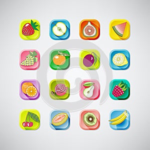 16 colored icons of fruits with shadow.tasty. illustration