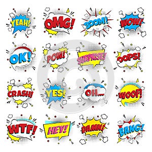 16 Comic lettering set in the speech bubbles comic style flat design.