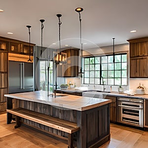 16 A cozy, farmhouse-style kitchen with a mix of painted and natural wood cabinets, a wooden island, and open shelving4, Generat