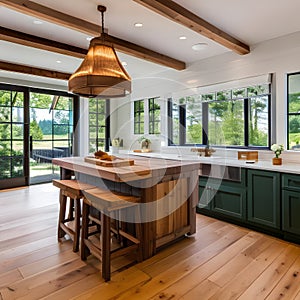 16 A cozy, farmhouse-style kitchen with a mix of painted and natural wood cabinets, a wooden island, and open shelving5, Generat