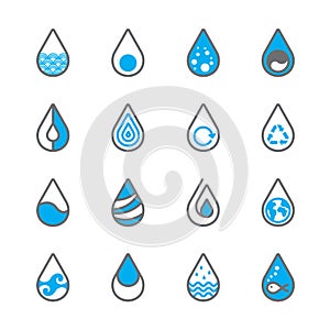 16 Drops water icon for design on white background set 1
