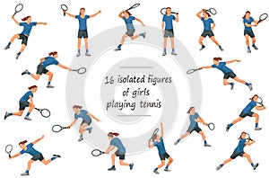 16 figures of girls tennis players in blue sports equipment throwing, catching, hitting the ball, standing, jumping and running