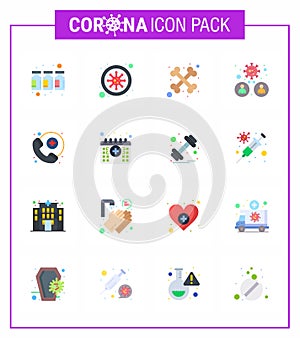 16 Flat Color Coronavirus disease and prevention vector icon medical assistance, virus, bones, transmission, man