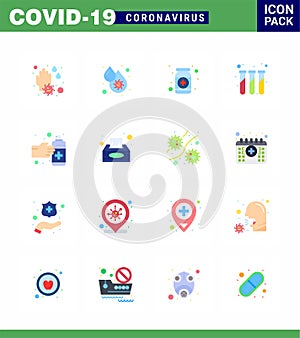 16 Flat Color Coronavirus disease and prevention vector icon test, experiment, platelets, bottle, health