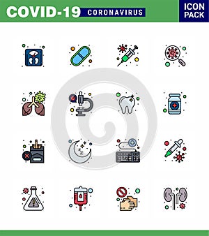 16 Flat Color Filled Line Coronavirus Covid19 Icon pack such as virus, interfac, flu, glass, scan virus