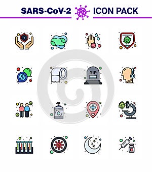 16 Flat Color Filled Line viral Virus corona icon pack such as message, bubble, soap, virus, bacteria