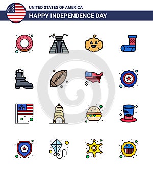 16 Flat Filled Line Signs for USA Independence Day ball; boot; american; shose; festivity