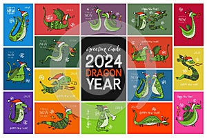 16 Greeting cards collection with funny Dragon characters in Santa hats. Symbol of Chinese New Year 2024 for your design