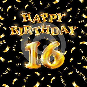 16 Happy Birthday message made of golden inflatable balloon sixteen letters isolated on black background fly on gold ribbons with