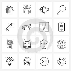 16 Interface Line Icon Set of modern symbols on pencil, circle, fish, arrow, retract