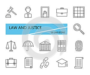 16 law and justice icons. Set thin line signs. Flat vector illustration isolated on white background