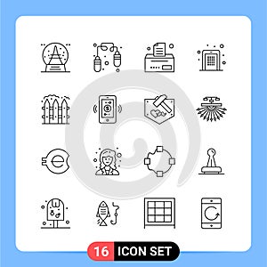16 Line Black Icon Pack Outline Symbols for Mobile Apps isolated on white background. 16 Icons Set