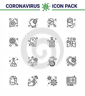 16 Line coronavirus epidemic icon pack suck as donation, blood, virus, test, research