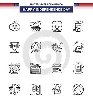 16 Line Signs for USA Independence Day director; wine; sheild; juice; alcohol