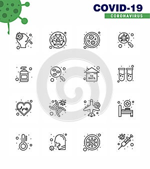 16 Line viral Virus corona icon pack such as hand sanitizer, magnifying, warning, interfac, devirus