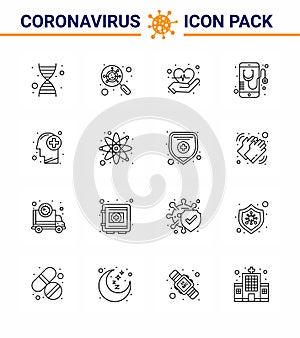 16 Line viral Virus corona icon pack such as medical, brain, heart, online, medical