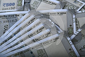 16 May 2023, Pune, India, Indian currency 500 rupees banknotes, business background India economy finance concept