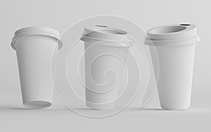 16 oz. Single Wall Paper Large Coffee Cup Mockup with White Lid - Three Cups. 3D Illustration