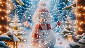 16 seconds Christmas Snowman with swirling snow particles in forest HD video 1920 1080