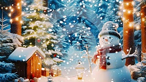 16 seconds Christmas Snowman with swirling snow particles in forest HD video