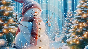 16 seconds Christmas Snowman with swirling snow particles in forest HD video