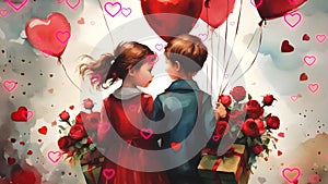 16 seconds cute illustrated boy girl with valentine love balloons and flying hearts HD