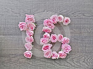 16, sixteen - vintage number of pink roses on the background of dark wood