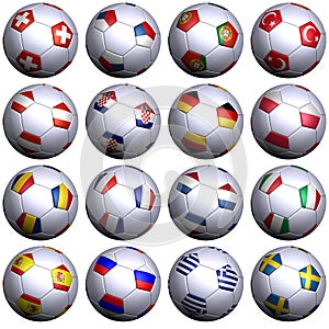 16 soccer-balls with flags of all UEFA 2008 teams