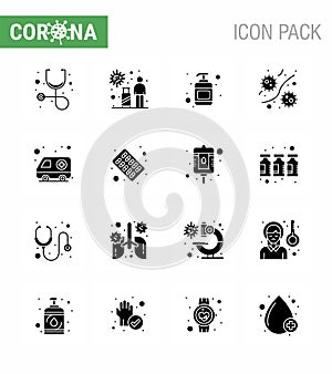 16 Solid Glyph Black viral Virus corona icon pack such as car, viruses, lotion, plasm, germs