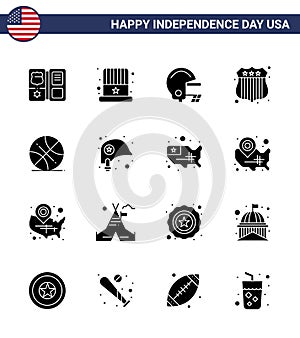 16 Solid Glyph Signs for USA Independence Day usa; ball; american; backetball; investigating