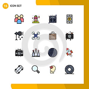 16 Thematic Vector Flat Color Filled Lines and Editable Symbols of light, poniter, costume, mobile apps, application