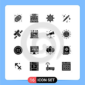 16 Thematic Vector Solid Glyphs and Editable Symbols of broadcasting, liquidator, web, dropper, color picker
