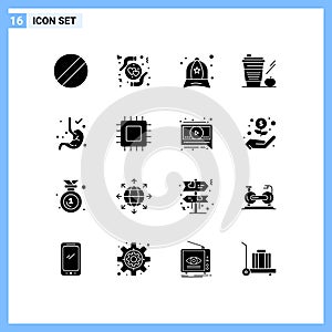 16 Thematic Vector Solid Glyphs and Editable Symbols of stomach, digestion, clothing, glass, apple