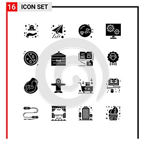 16 Thematic Vector Solid Glyphs and Editable Symbols of virus, setting, procreation, screen, gear